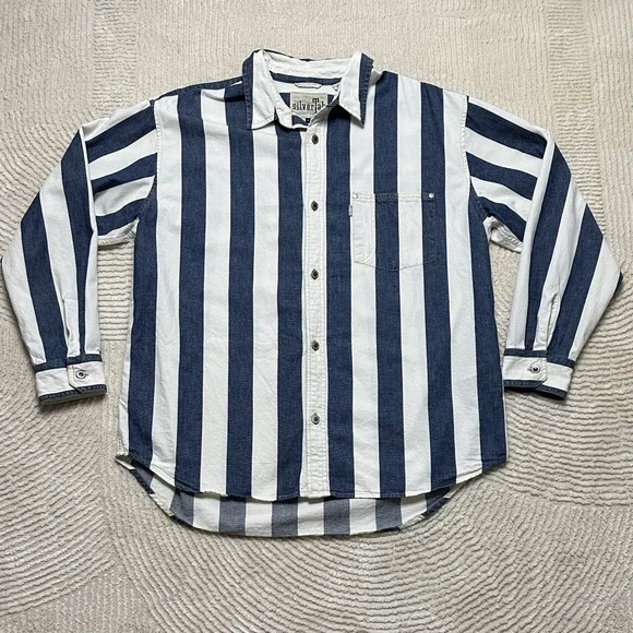 Silver Tab Levi’s Jeans Navy and White Striped Casual Shirt Oversized M - Picture 1 of 15
